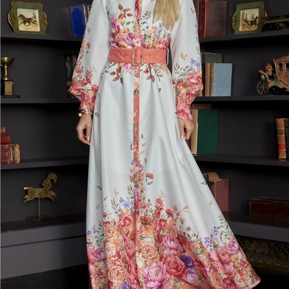 Cream Long Sleeve Gown with Mandarin Collar for Wedding Guest